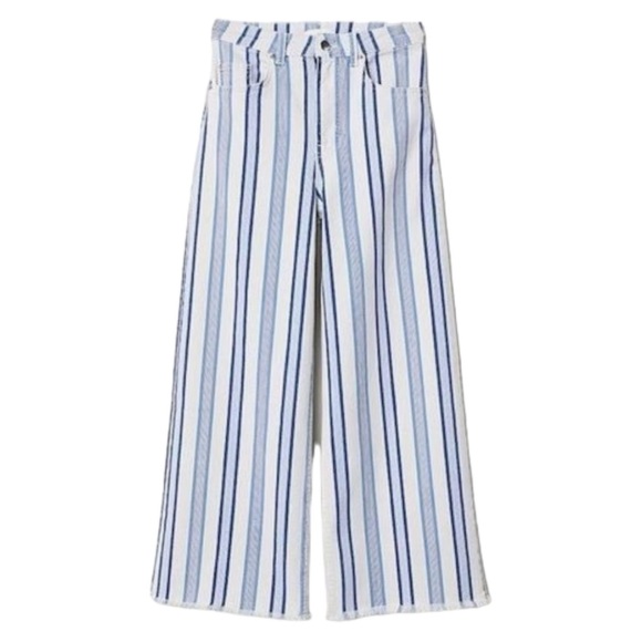 H&M Wide Leg High waist Frayed Ankle Jeans in Blue White Stripe Size 6/Small - Picture 3 of 12